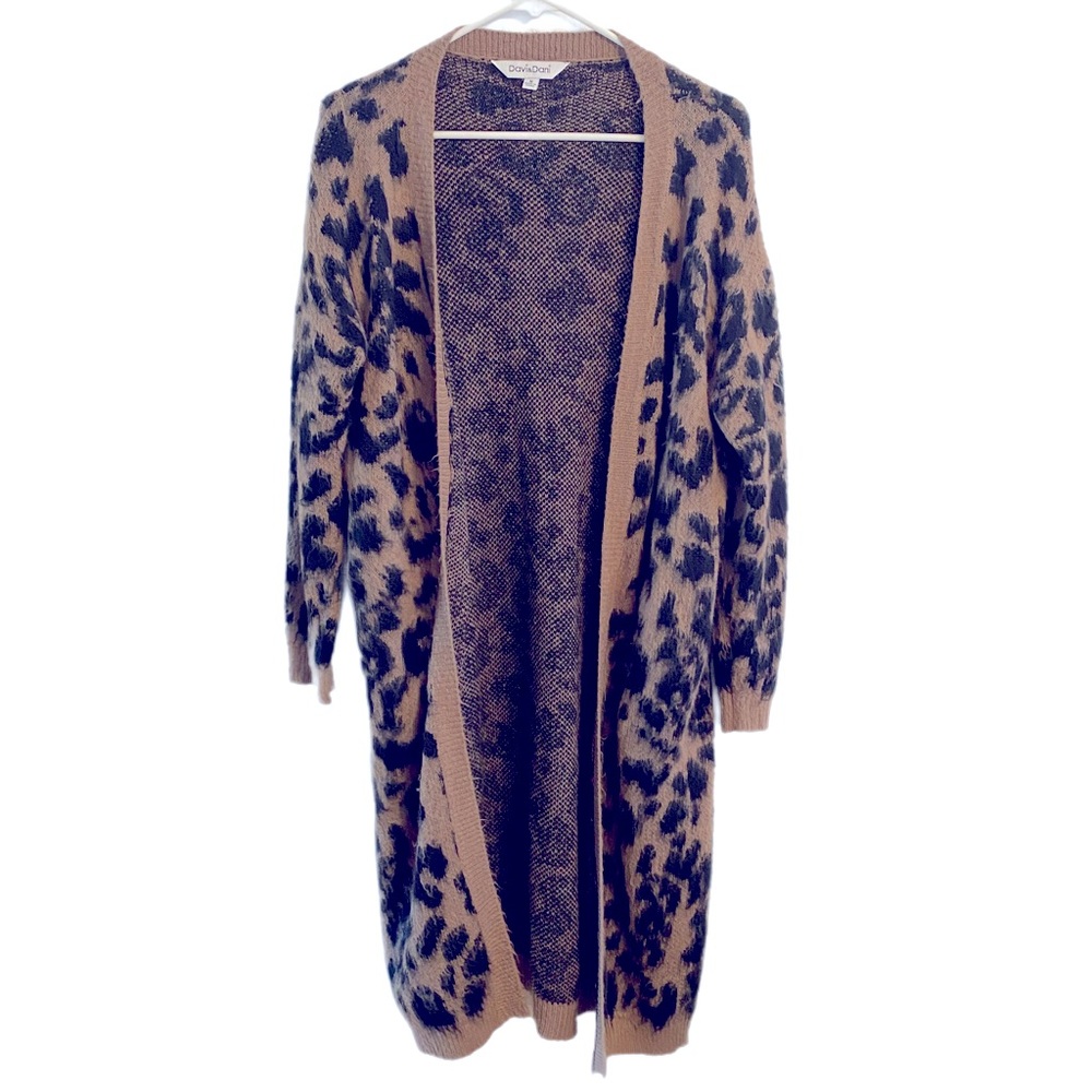 DAVI & DANI Tan and Black Animal Print Long Cardigan Sweater Size M